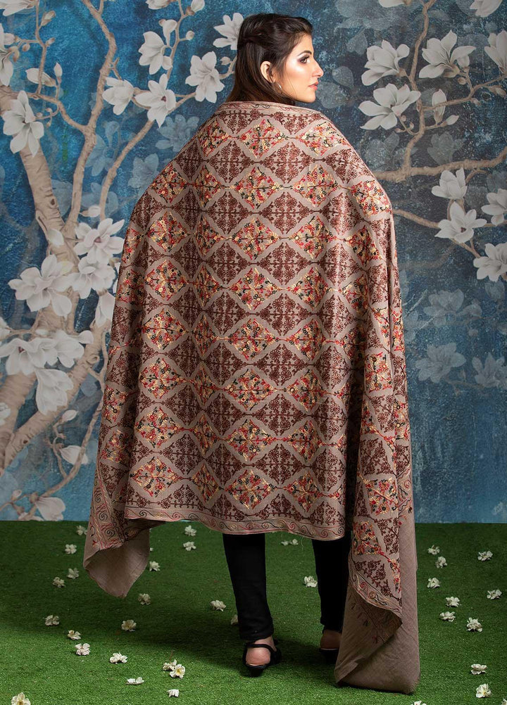 Sanaulla Exclusive Range Embroidered Pashmina  Shawl AKP-27 Fawn-3 - Pashmina Shawls