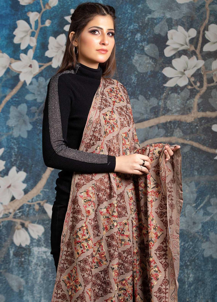 Sanaulla Exclusive Range Embroidered Pashmina  Shawl AKP-27 Fawn-3 - Pashmina Shawls