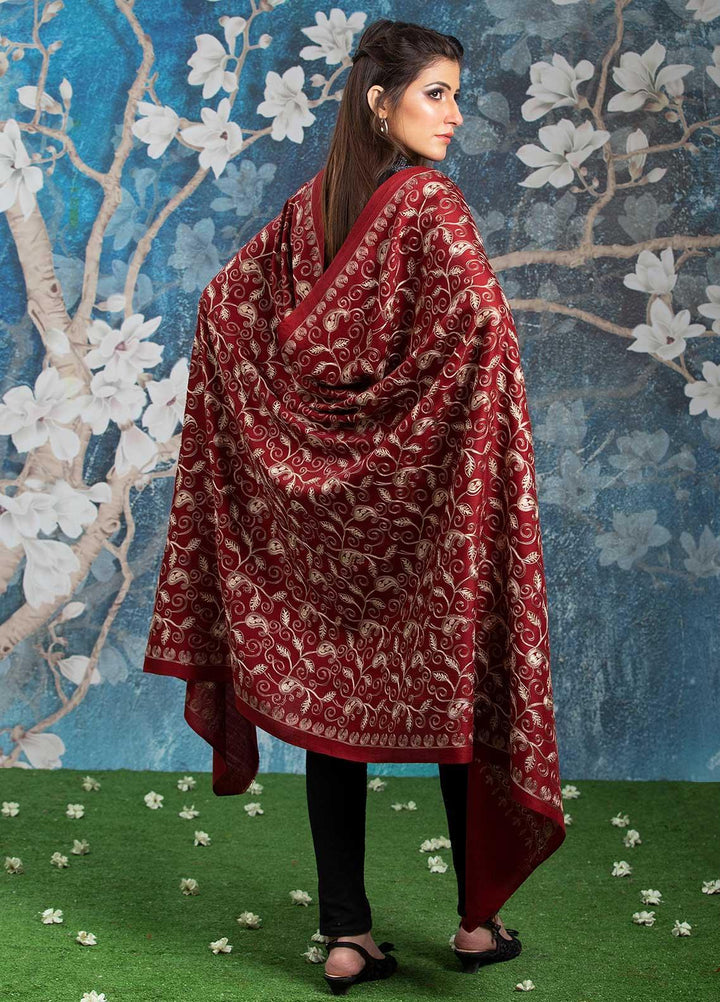 Sanaulla Exclusive Range Embroidered Pashmina  Shawl MIR-13 Maroon 2 - Pashmina Shawls