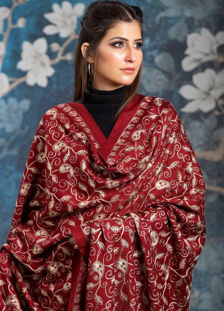 Sanaulla Exclusive Range Embroidered Pashmina  Shawl MIR-13 Maroon 2 - Pashmina Shawls
