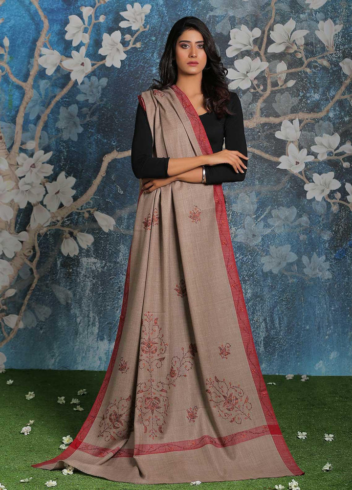Sanaulla Exclusive Range Embroidered Pashmina  Shawl MIR-20 Brown 21 - Pashmina Shawls