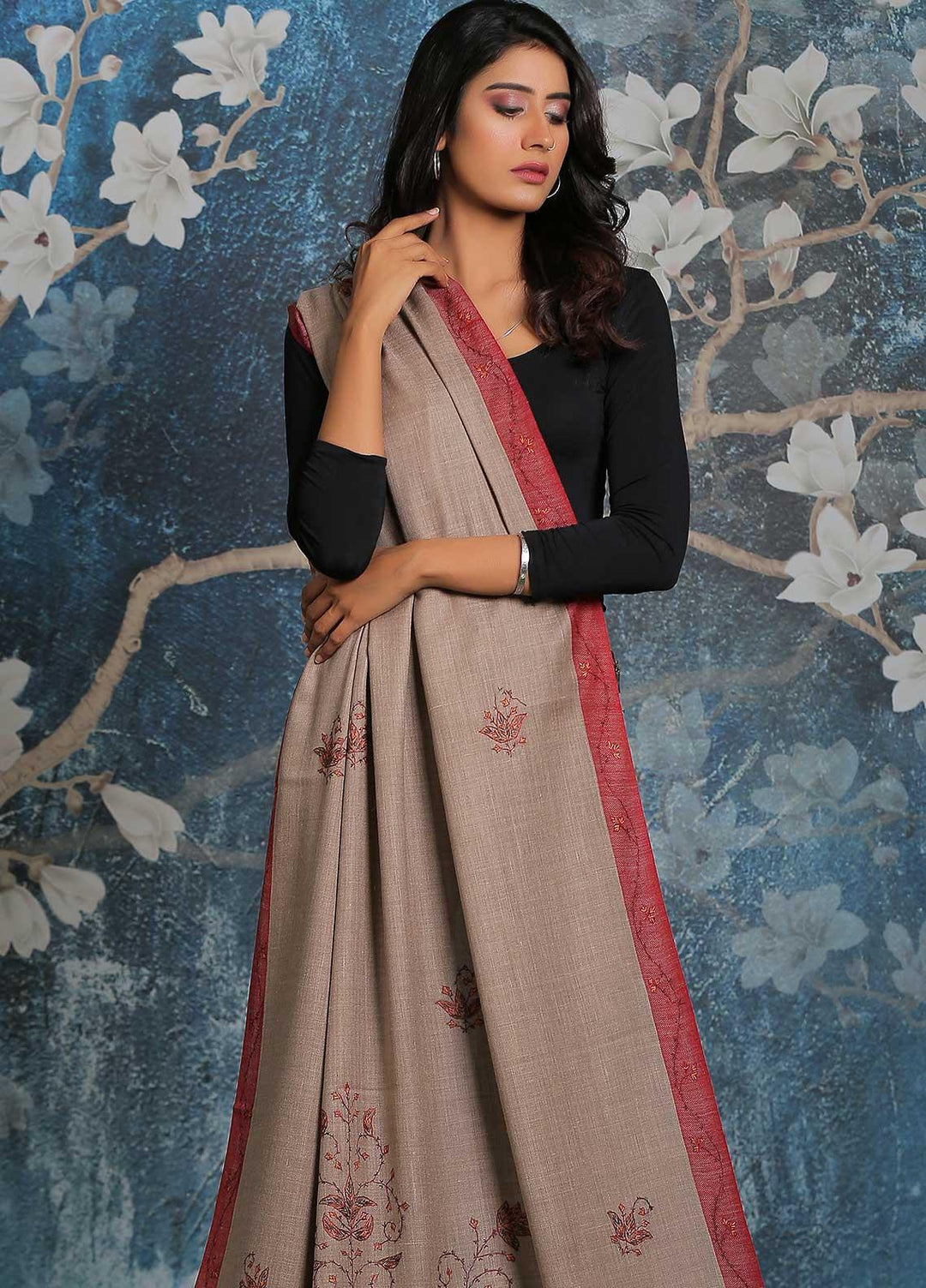 Sanaulla Exclusive Range Embroidered Pashmina  Shawl MIR-20 Brown 21 - Pashmina Shawls
