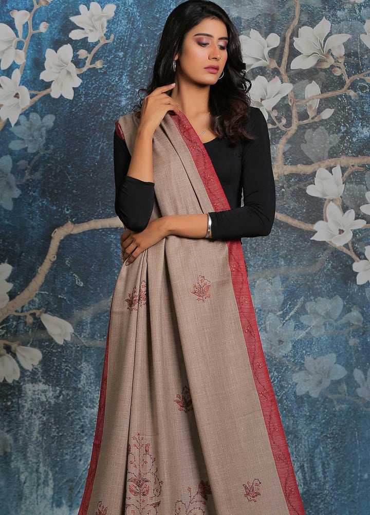 Sanaulla Exclusive Range Embroidered Pashmina  Shawl MIR-20 Brown 21 - Pashmina Shawls