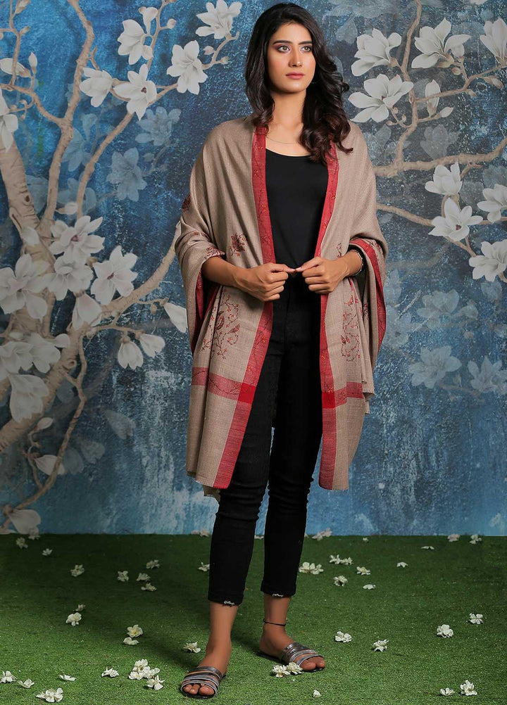 Sanaulla Exclusive Range Embroidered Pashmina  Shawl MIR-20 Brown 21 - Pashmina Shawls