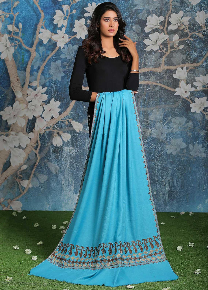 Sanaulla Exclusive Range Embroidered Pashmina  Shawl MIR-23 Ferozi - Pashmina Shawls