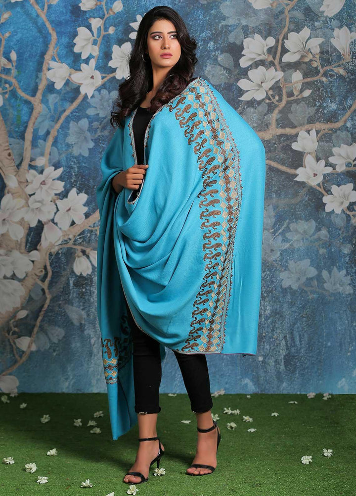 Sanaulla Exclusive Range Embroidered Pashmina  Shawl MIR-23 Ferozi - Pashmina Shawls