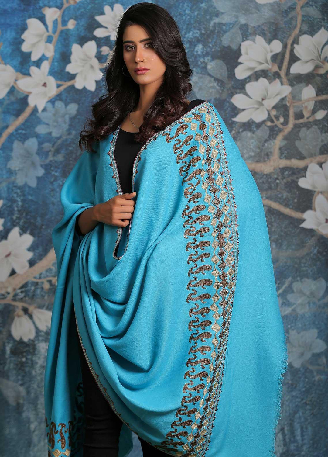 Sanaulla Exclusive Range Embroidered Pashmina  Shawl MIR-23 Ferozi - Pashmina Shawls
