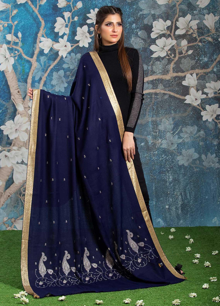 Sanaulla Exclusive Range Embroidered Pashmina  Shawl MIR-41 Blue 2 - Pashmina Shawls