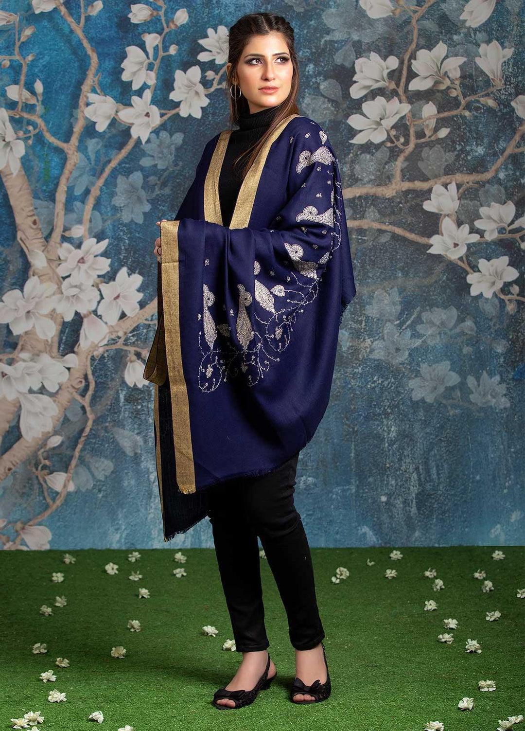 Sanaulla Exclusive Range Embroidered Pashmina  Shawl MIR-41 Blue 2 - Pashmina Shawls