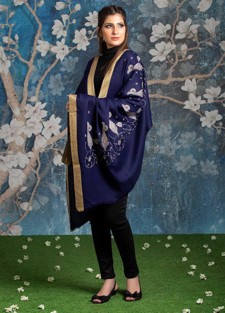Sanaulla Exclusive Range Embroidered Pashmina  Shawl MIR-41 Blue 2 - Pashmina Shawls