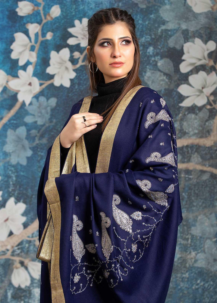 Sanaulla Exclusive Range Embroidered Pashmina  Shawl MIR-41 Blue 2 - Pashmina Shawls