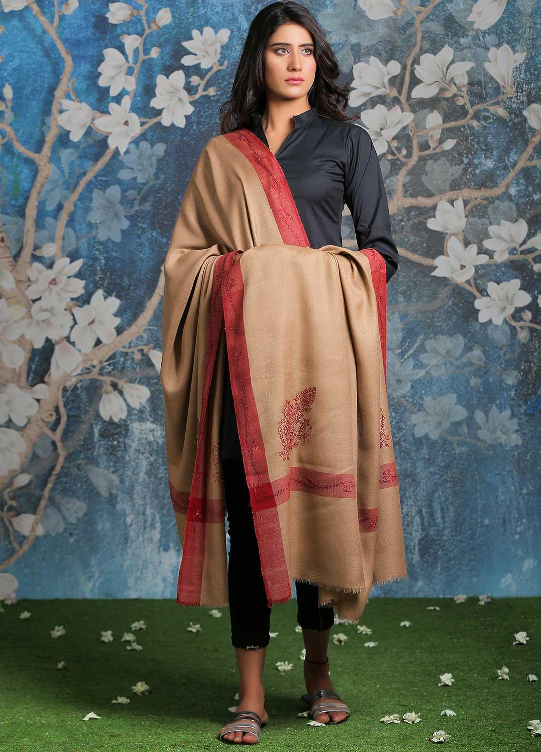 Sanaulla Exclusive Range Embroidered Pashmina  Shawl MIR-42 Brown 1 - Pashmina Shawls