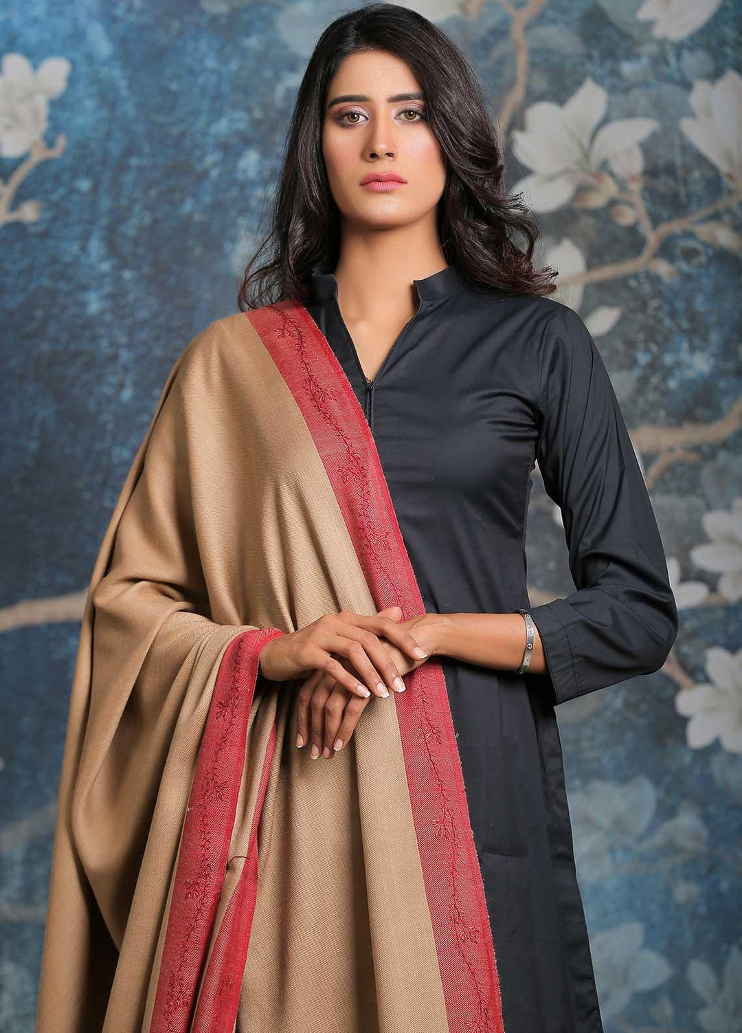 Sanaulla Exclusive Range Embroidered Pashmina  Shawl MIR-42 Brown 1 - Pashmina Shawls