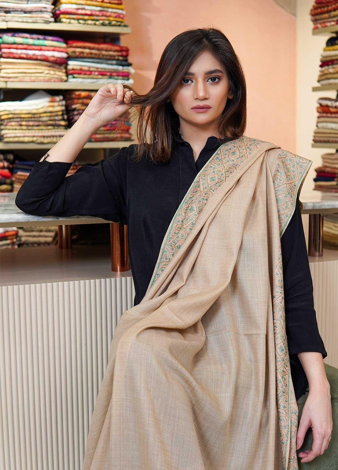 Sanaulla Exclusive Range  Pashmina  Shawls MAMA-20 Fawn-1 - Pashmina Shawls