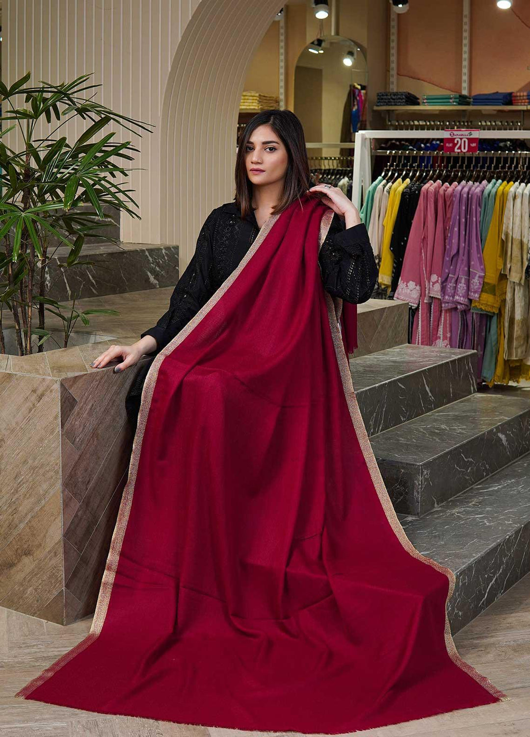 Sanaulla Exclusive Range  Pashmina  Shawls MAMA-41 Maroon - Pashmina Shawls