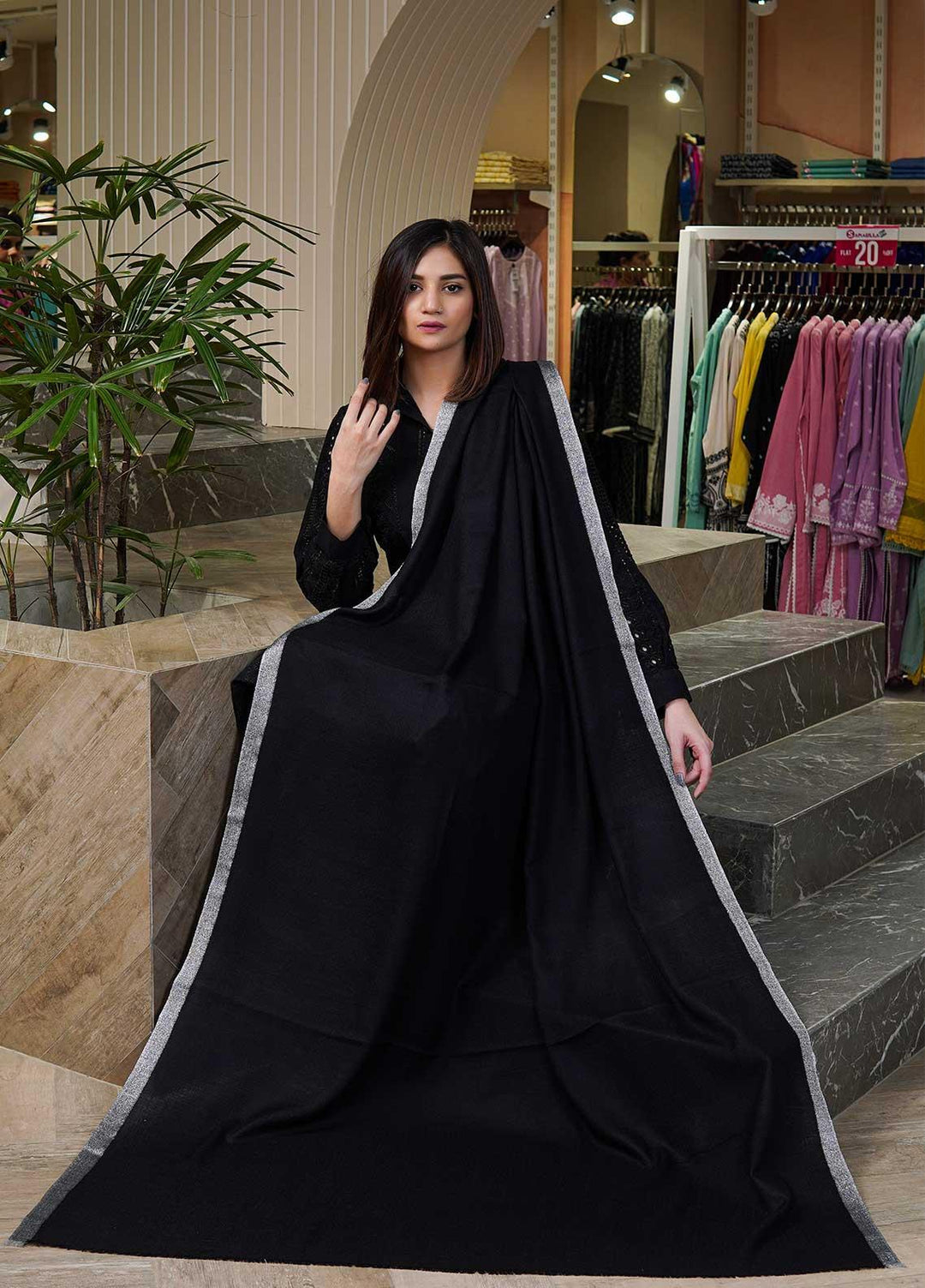 Sanaulla Exclusive Range  Pashmina  Shawls MAMA-41 Black-2 - Pashmina Shawls