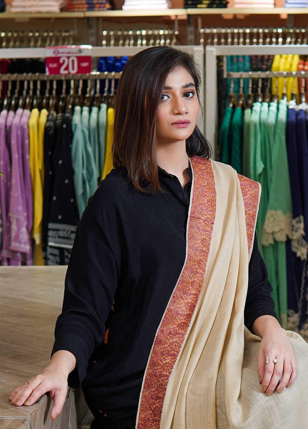 Sanaulla Exclusive Range  Pashmina  Shawls MAMA-31 Fawn-3 - Pashmina Shawls