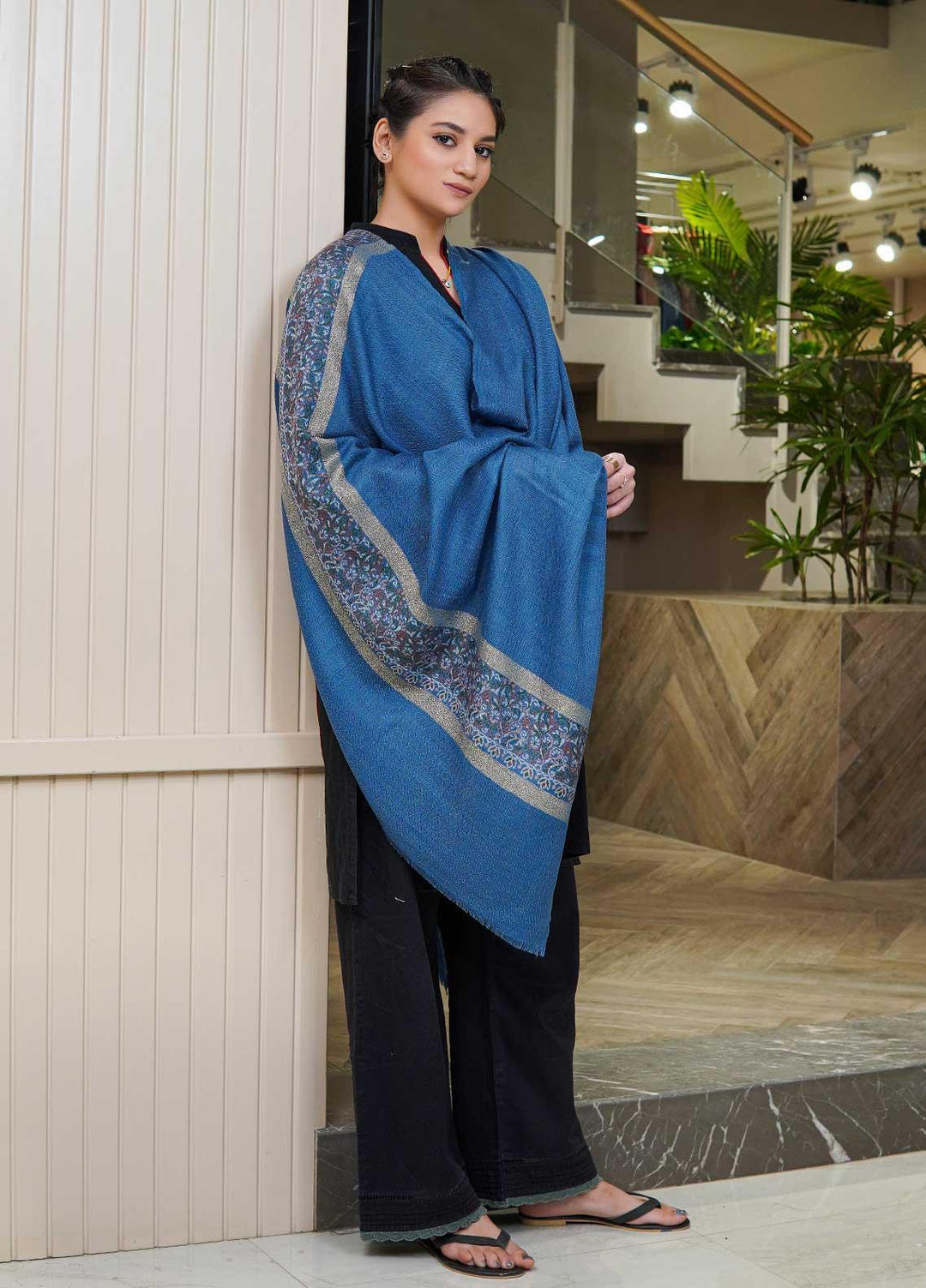 Sanaulla Exclusive Range  Pashmina  Shawls MAMA-44 Blue-3 - Pashmina Shawls