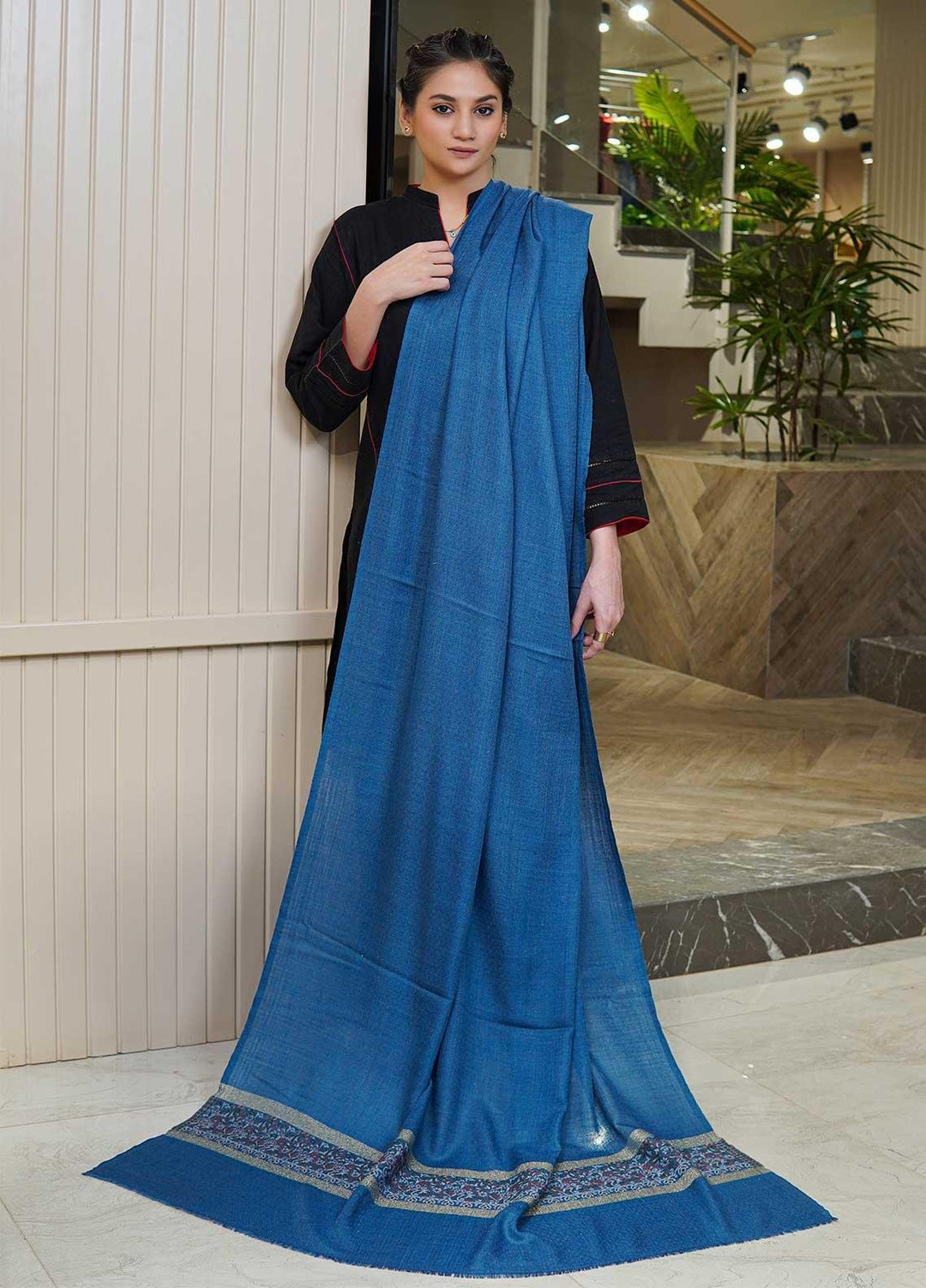 Sanaulla Exclusive Range  Pashmina  Shawls MAMA-44 Blue-3 - Pashmina Shawls