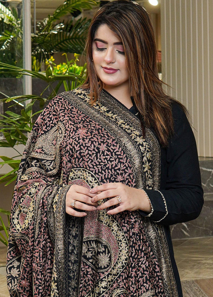 Sanaulla Exclusive Range  Pashmina  Shawls Arri Jaal Kunj Tilla KPS-10 Black  - Pashmina Shawls