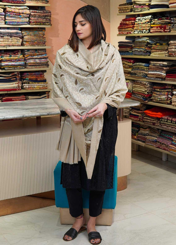 Sanaulla Exclusive Range  Pashmina  Shawls MAMA-50 Beige-2 - Pashmina Shawls