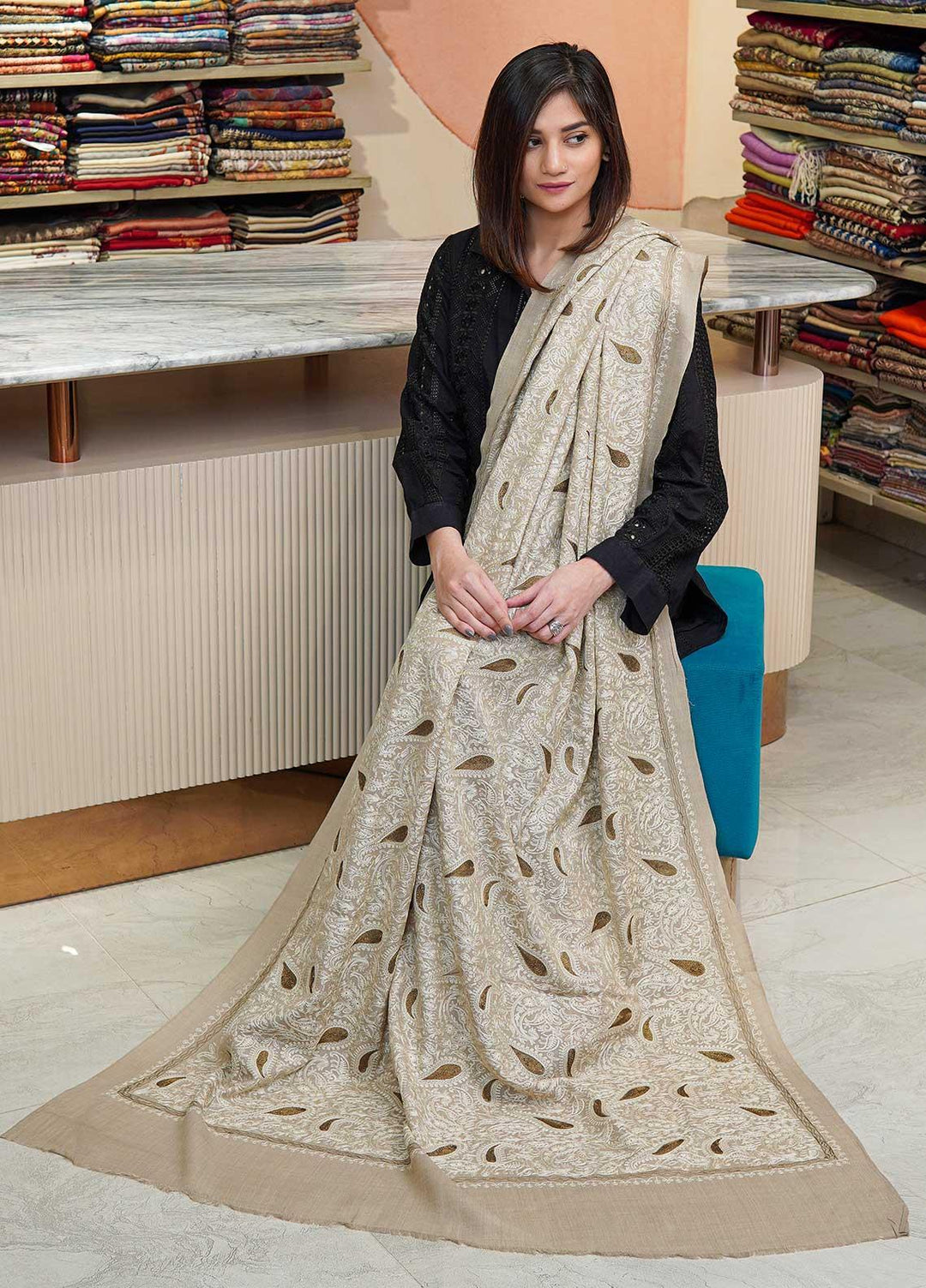 Sanaulla Exclusive Range  Pashmina  Shawls MAMA-50 Beige-2 - Pashmina Shawls