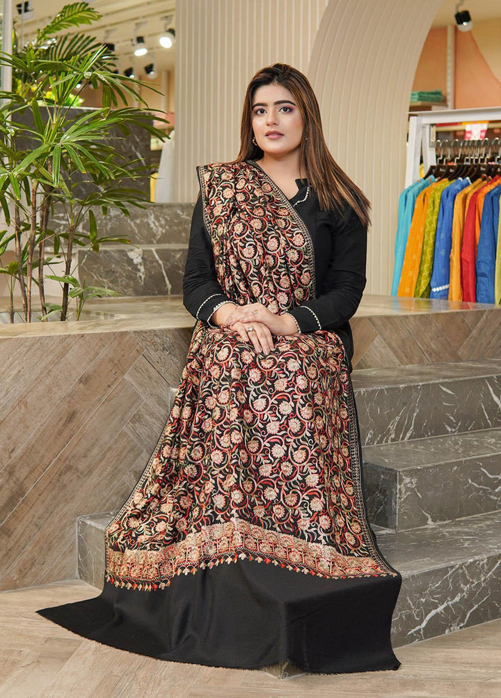 Sanaulla Exclusive Range  Pashmina  Shawls Nalki Flower Boder Jaal KPS-47 Black-03  - Pashmina Shawls