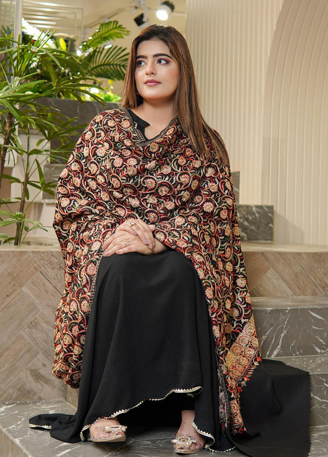 Sanaulla Exclusive Range  Pashmina  Shawls Nalki Flower Boder Jaal KPS-47 Black-03  - Pashmina Shawls