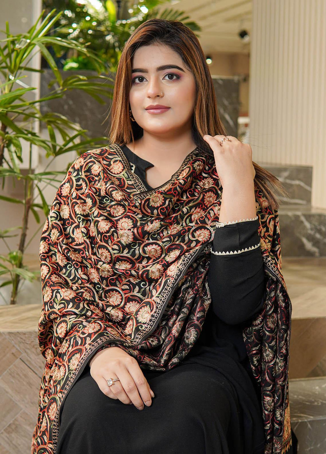 Sanaulla Exclusive Range  Pashmina  Shawls Nalki Flower Boder Jaal KPS-47 Black-03  - Pashmina Shawls