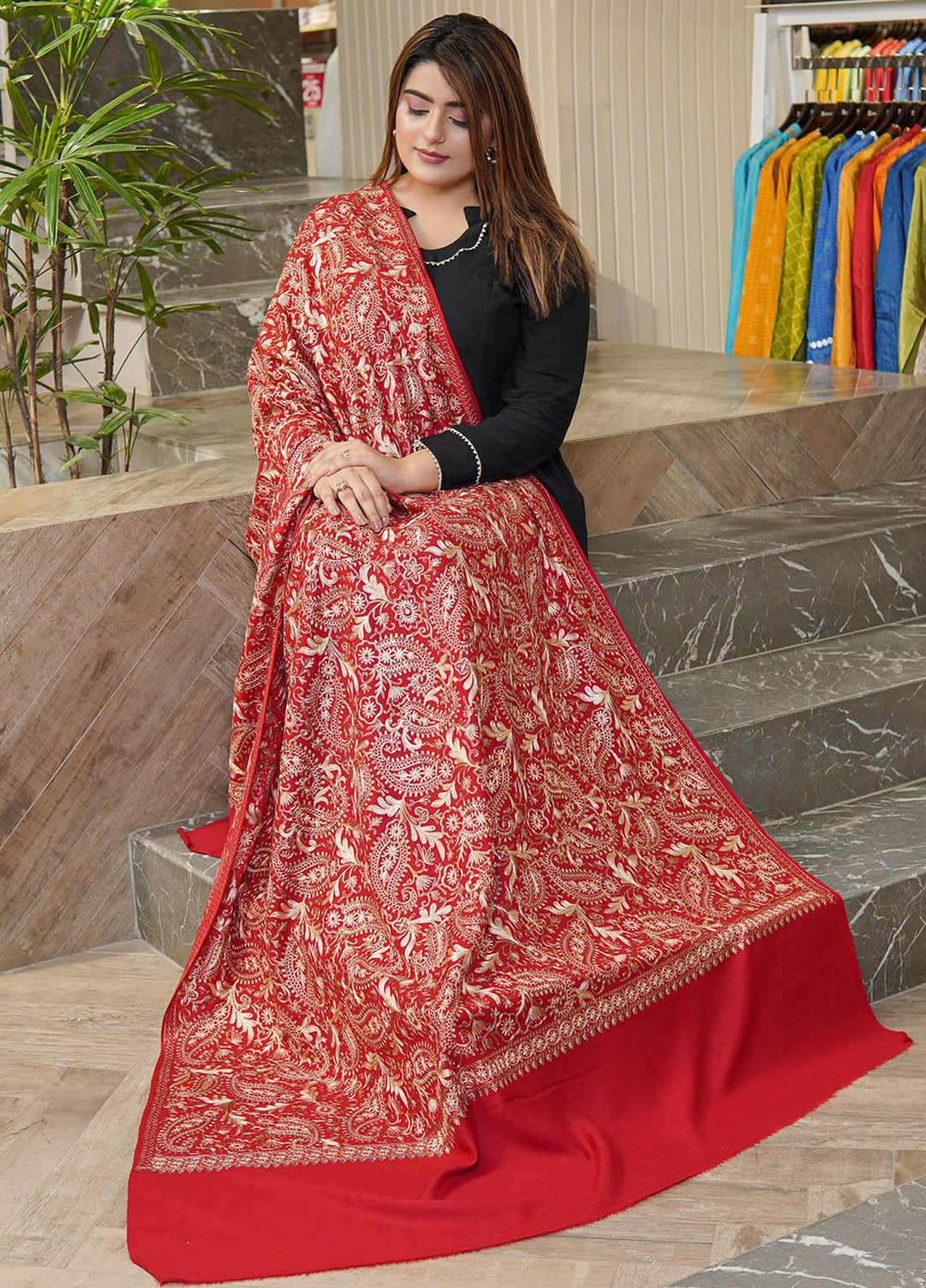 Sanaulla Exclusive Range  Pashmina  Shawls Nalki Flower Boder Jaal KPS-47 Red-01  - Pashmina Shawls