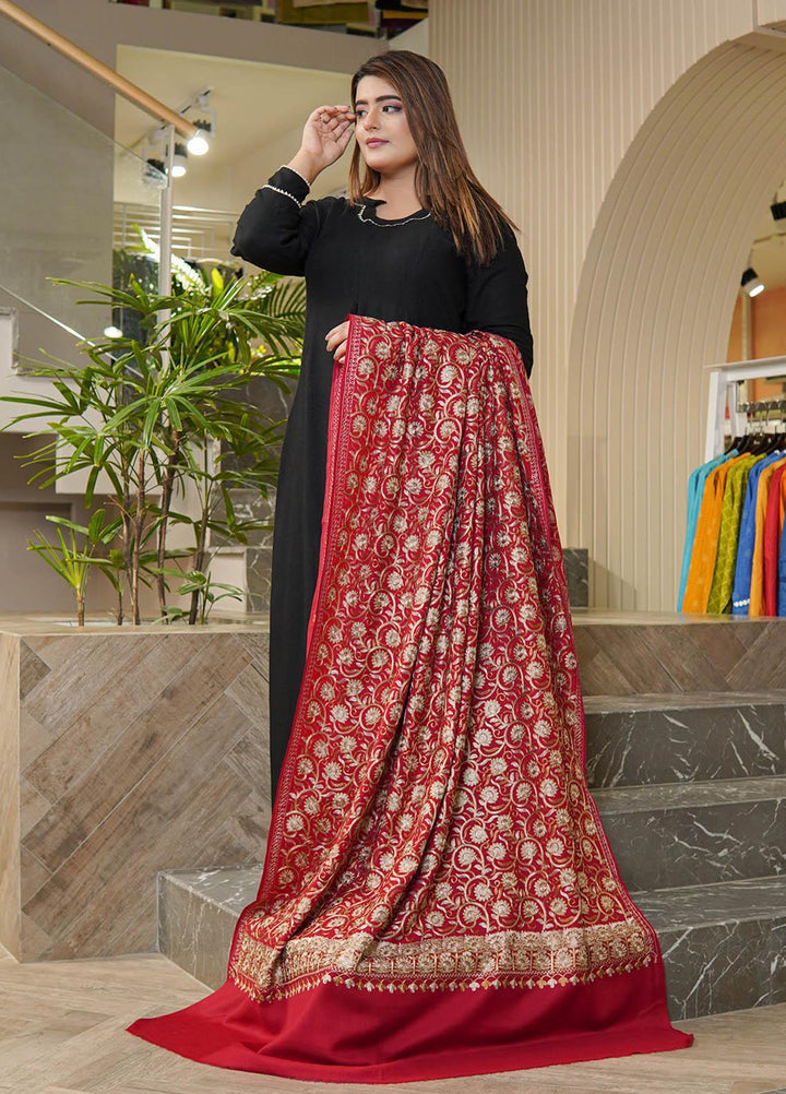 Sanaulla Exclusive Range  Pashmina  Shawls Nalki Flower Boder Jaal KPS-47 Red-02  - Pashmina Shawls