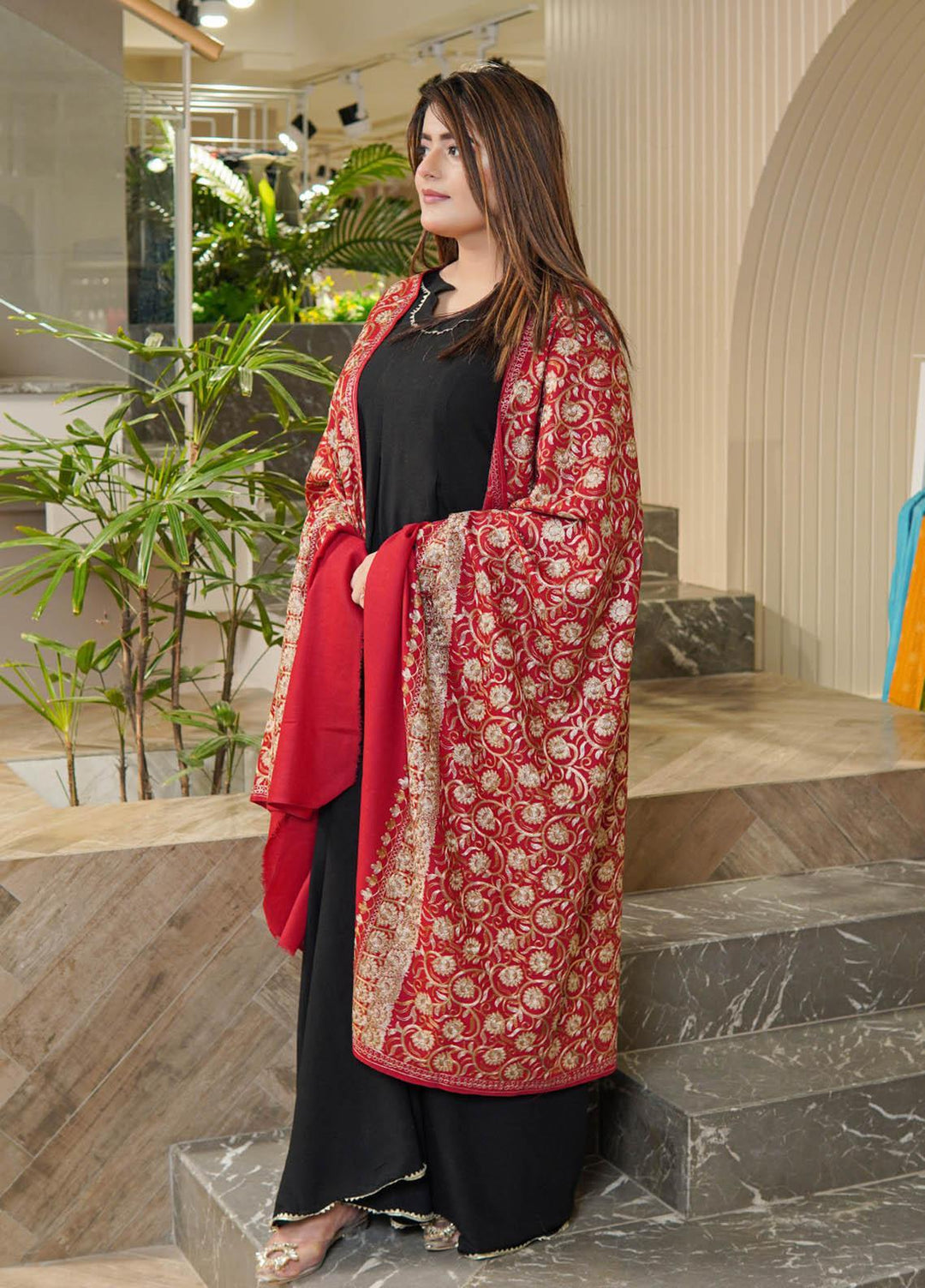 Sanaulla Exclusive Range  Pashmina  Shawls Nalki Flower Boder Jaal KPS-47 Red-02  - Pashmina Shawls