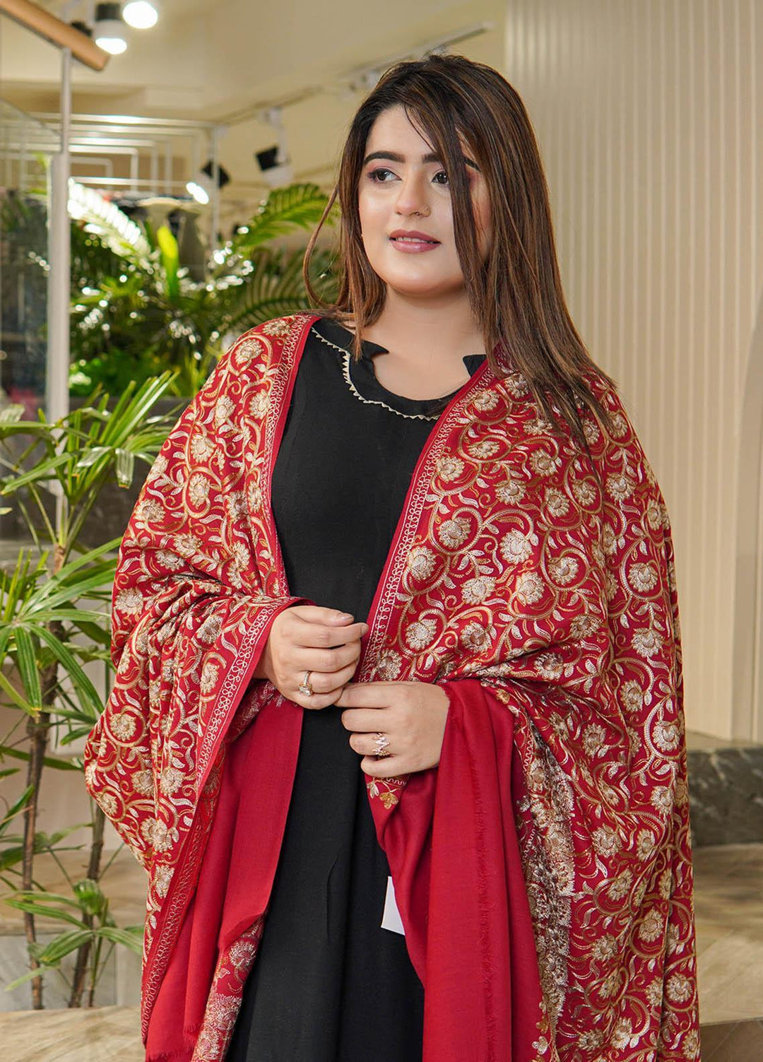 Sanaulla Exclusive Range  Pashmina  Shawls Nalki Flower Boder Jaal KPS-47 Red-02  - Pashmina Shawls