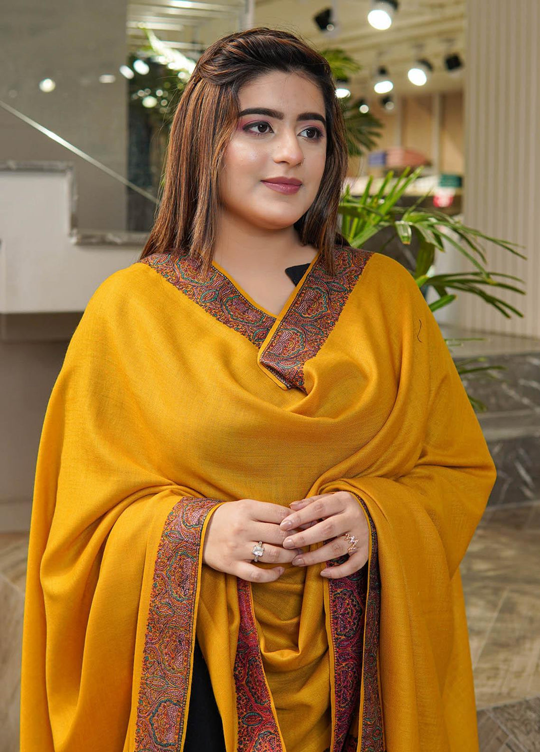 Sanaulla Exclusive Range  Pashmina  Shawls Mh Dour Sdt KPS-09 Yellow-01   - Pashmina Shawls