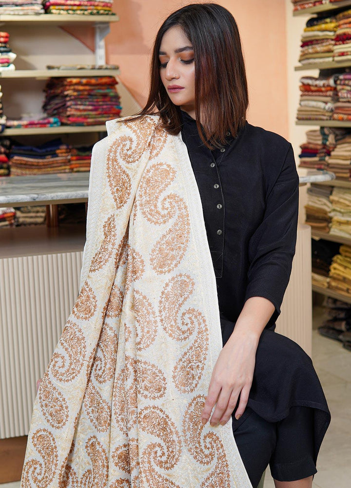 Sanaulla Exclusive Range  Pashmina  Shawls MAMA-38 Off White-2 - Pashmina Shawls