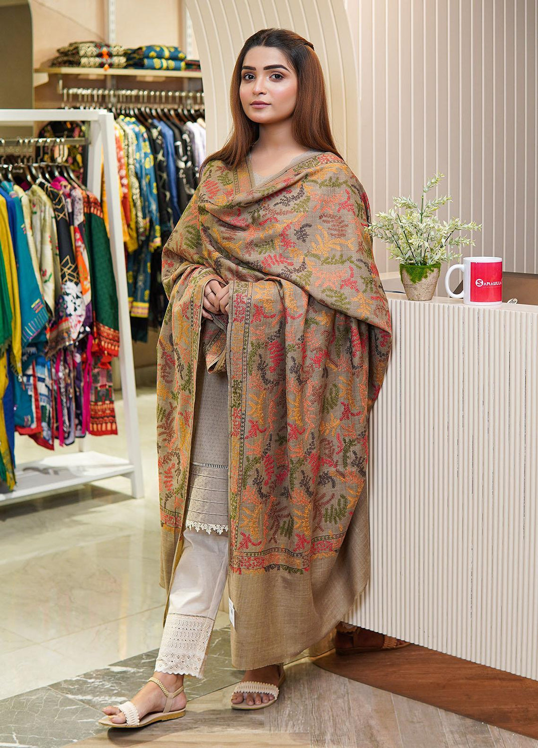 Sanaulla Exclusive Range  Pashmina  Shawls MH Multi Buti Jaal Hw KPS-25 Brown - Pashmina Shawls
