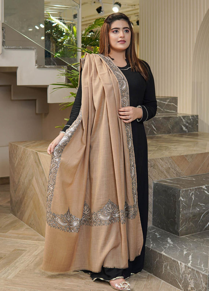 Sanaulla Exclusive Range  Pashmina  Shawls Zarri Pasily Chanar Boder Jw KPS-57 Brown-01 - Pashmina Shawls