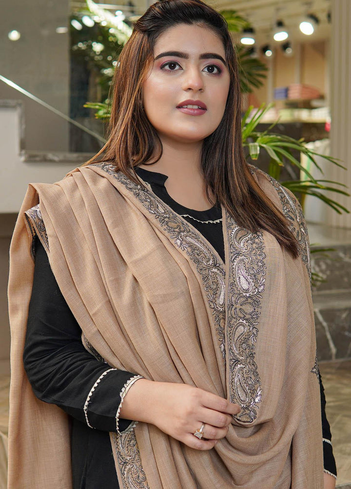Sanaulla Exclusive Range  Pashmina  Shawls Zarri Pasily Chanar Boder Jw KPS-57 Brown-01 - Pashmina Shawls