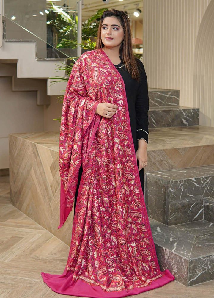 Sanaulla Exclusive Range  Pashmina  Shawls Nalki Flower Boder Jaal KPS-47 Pink  - Pashmina Shawls