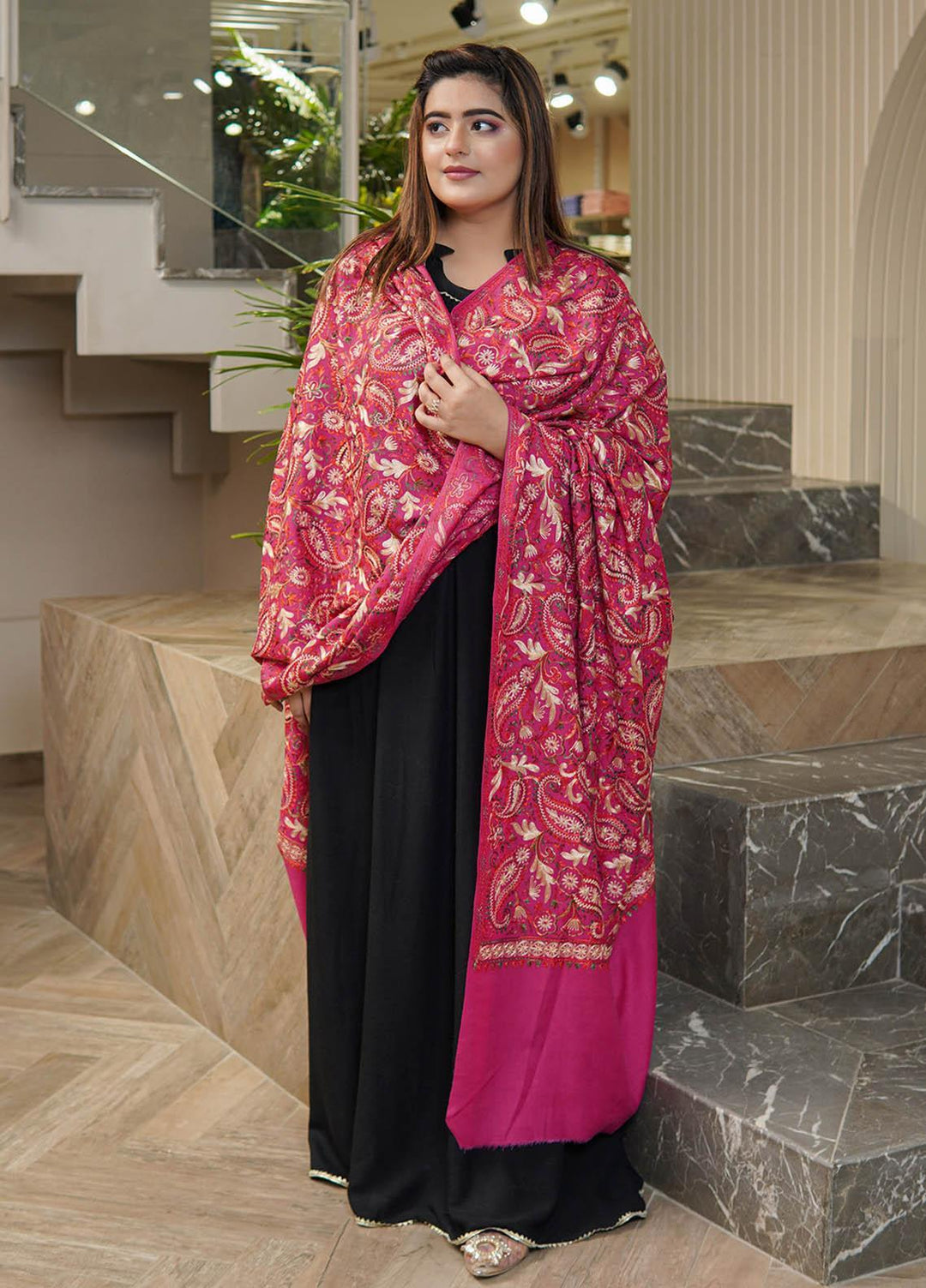 Sanaulla Exclusive Range  Pashmina  Shawls Nalki Flower Boder Jaal KPS-47 Pink  - Pashmina Shawls