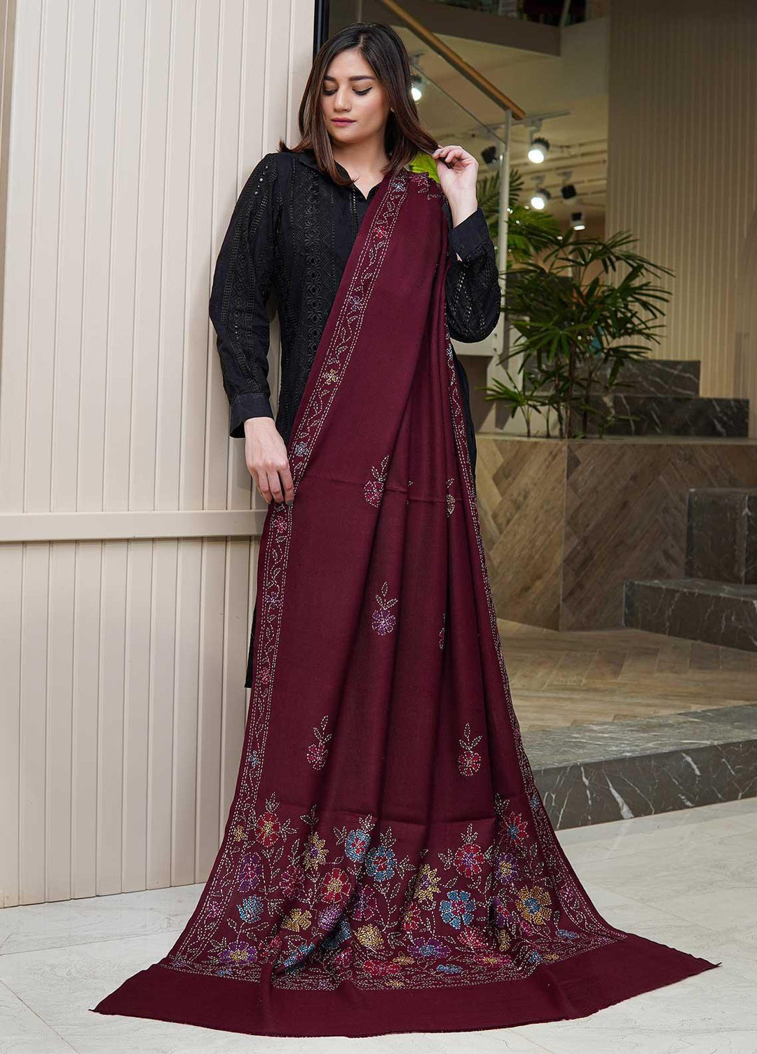 Sanaulla Exclusive Range  Pashmina  Shawls Shadow Emb Paala KPS-08 Mahroon - Pashmina Shawls