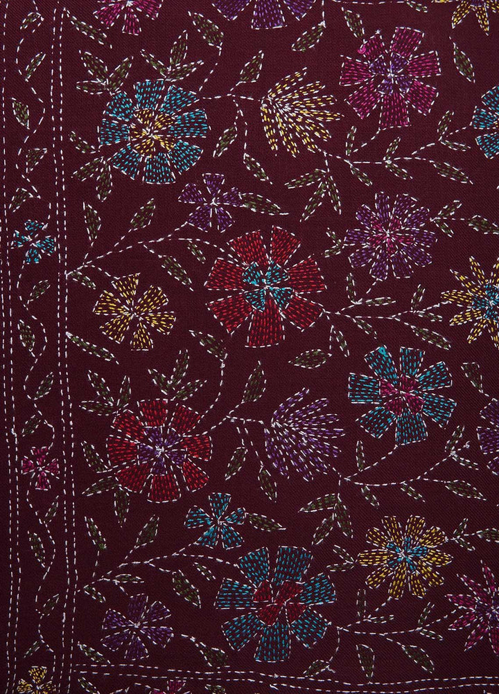 Sanaulla Exclusive Range  Pashmina  Shawls Shadow Emb Paala KPS-08 Mahroon - Pashmina Shawls