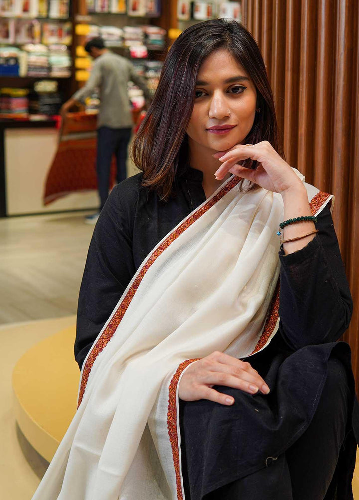 Sanaulla Exclusive Range  Pashmina  Shawls MAMA-19 Off White-2 - Pashmina Shawls
