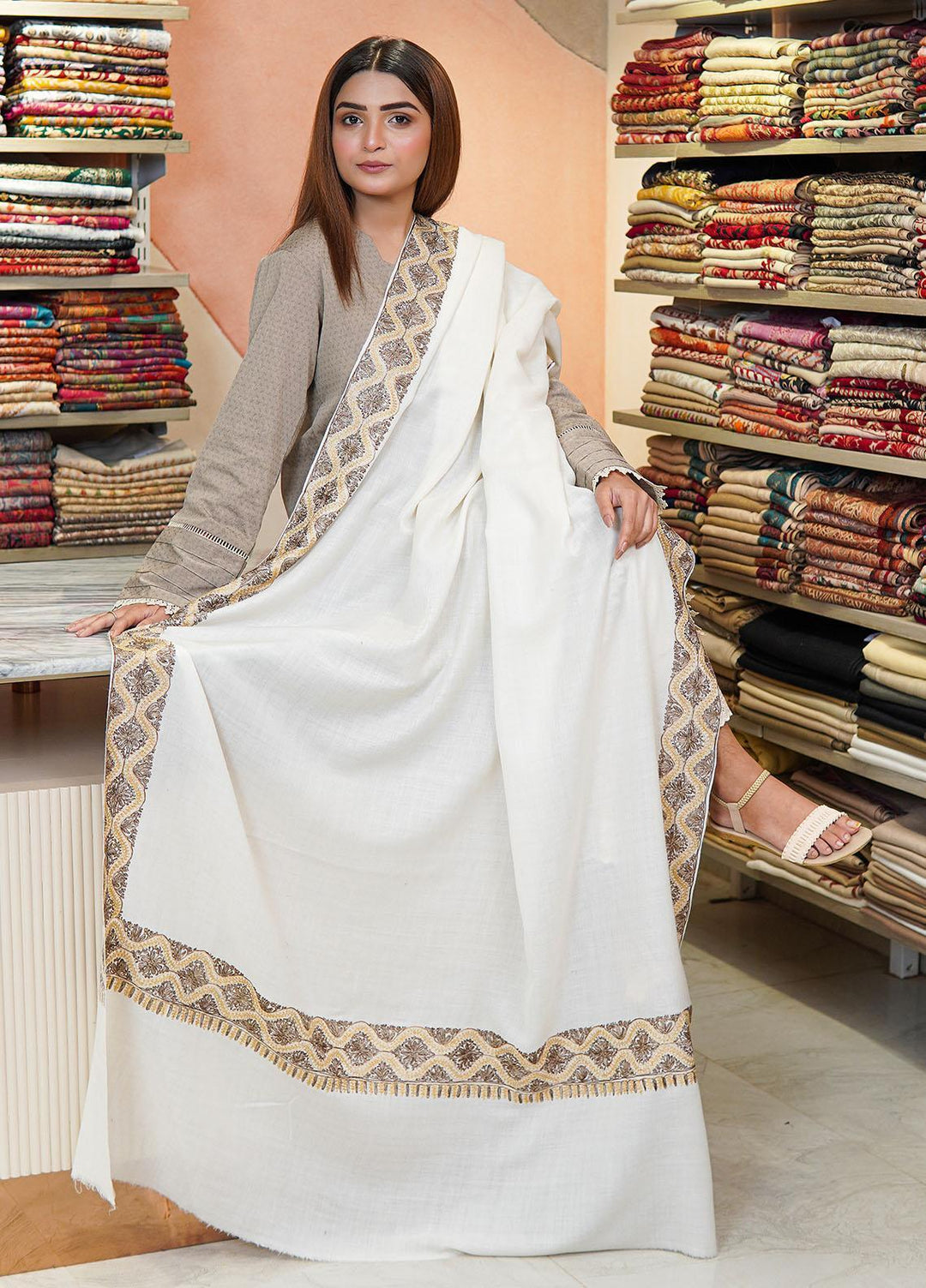 Sanaulla Exclusive Range  Pashmina  Shawls Zarri Nalki Dour New Hw KPS-38 White01 - Pashmina Shawls