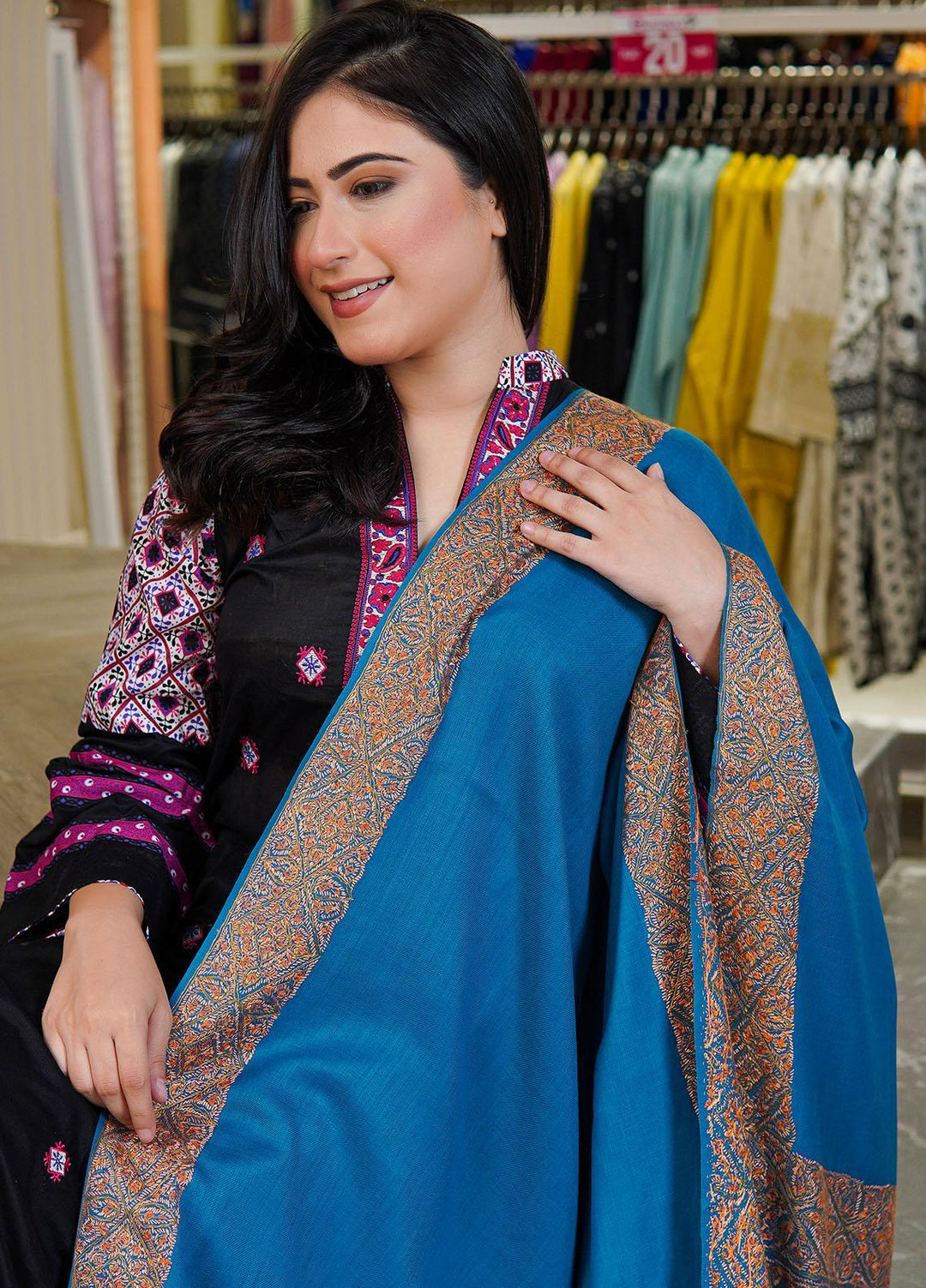Sanaulla Exclusive Range  Pashmina  Shawls MAMA-20 Ferozi-1 - Pashmina Shawls