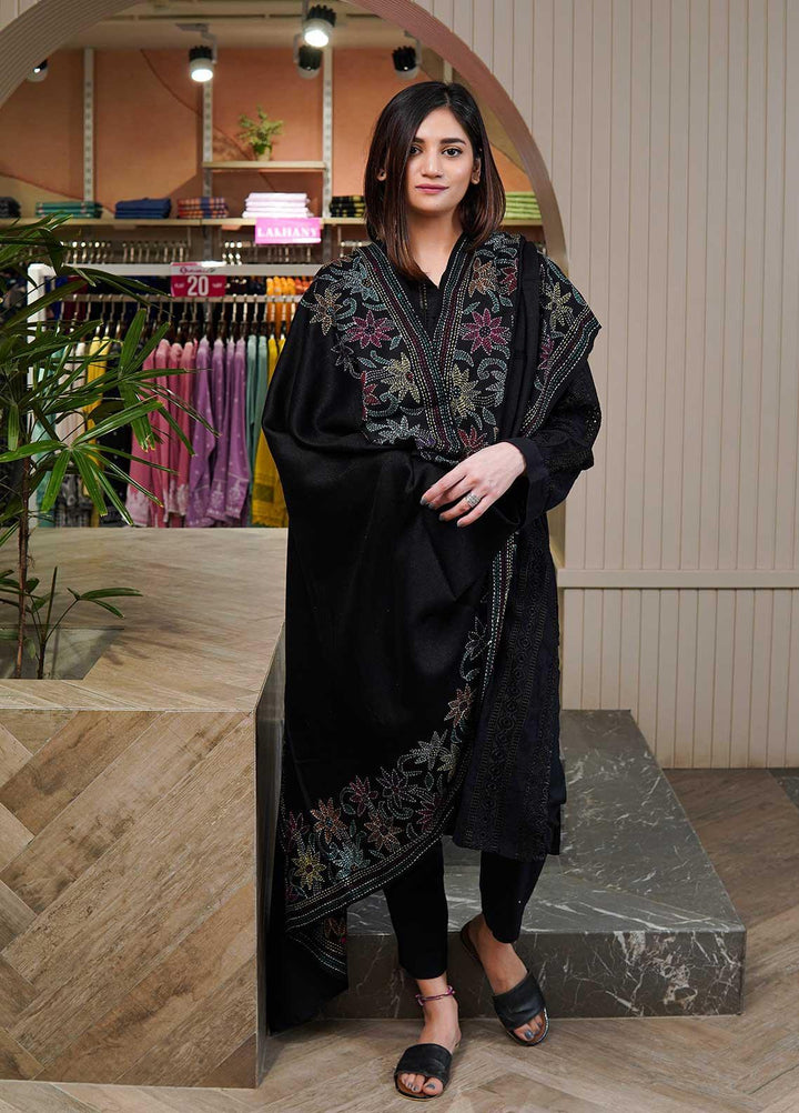 Sanaulla Exclusive Range  Pashmina  Shawls Shadow Emb Paala KPS-08 Dark Brown01 - Pashmina Shawls