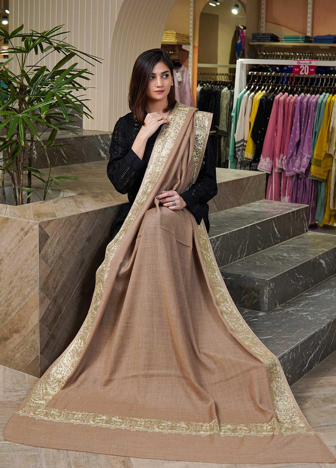 Sanaulla Exclusive Range  Pashmina  Shawls MAMA-25 Brown - Pashmina Shawls