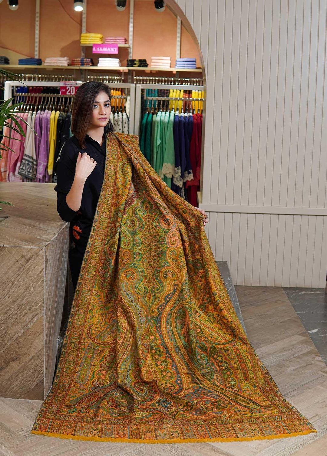 Sanaulla Exclusive Range  Pashmina  Shawls MAMA-42 Mustard-2 - Pashmina Shawls