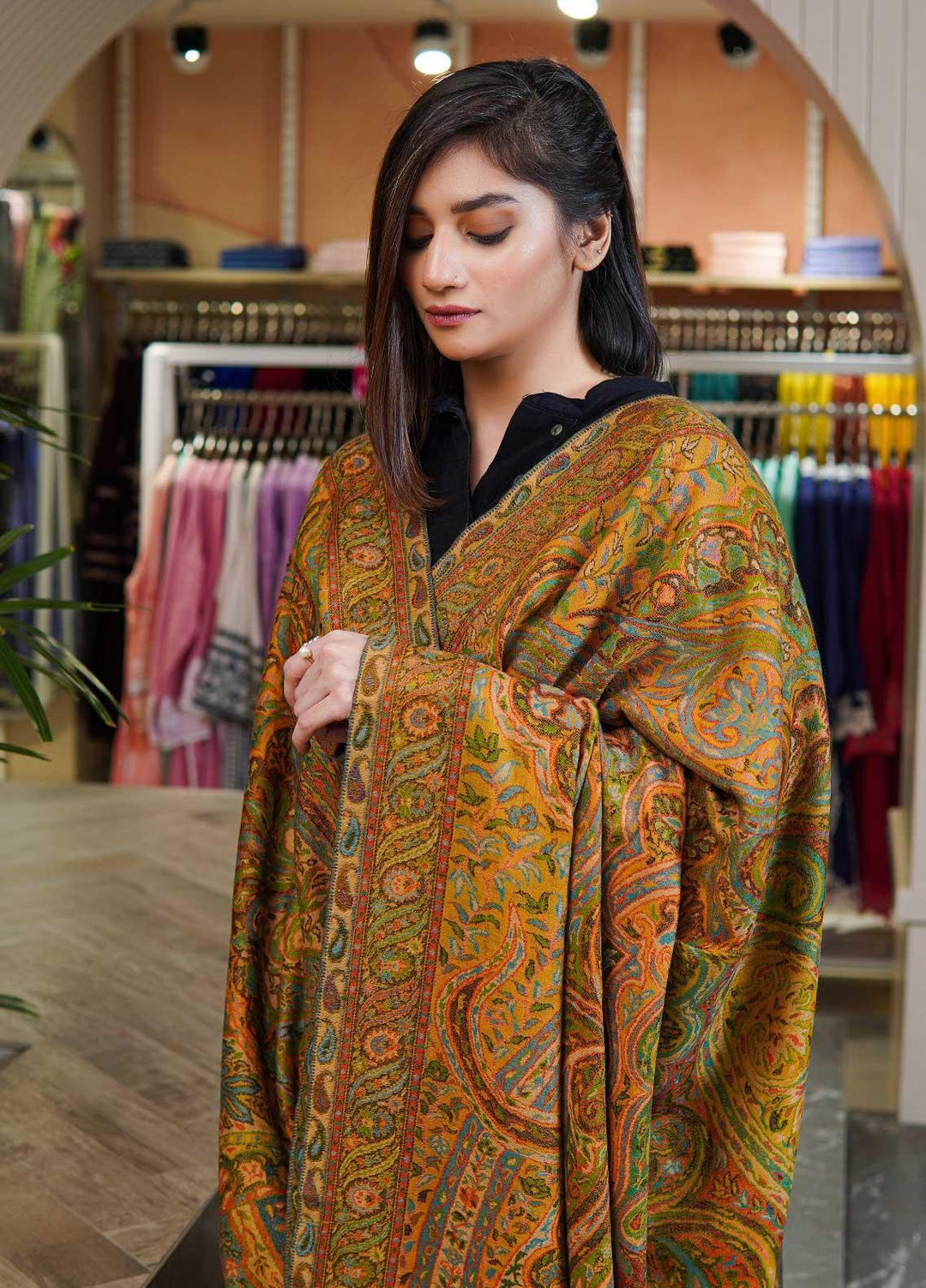 Sanaulla Exclusive Range  Pashmina  Shawls MAMA-42 Mustard-2 - Pashmina Shawls