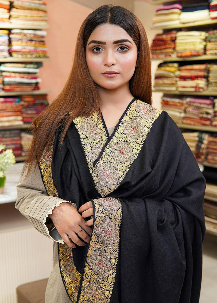Sanaulla Exclusive Range  Pashmina  Shawls Zarri Nalki Dour New Hw KPS-38 Black02 - Pashmina Shawls
